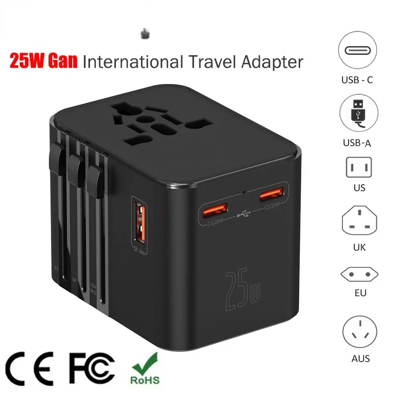 

Универсальный дорожный адаптер с 4 розетками переменного тока, 1 USB-порта, 2 Type-C PD, 25 Вт, универсальная быстрая зарядка, вилка стандарта ЕС, Великобритании, США и Австралии.