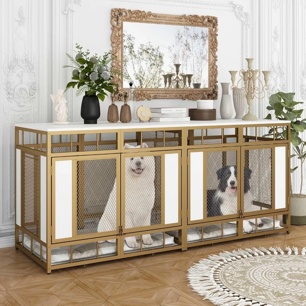 

Dog Crate, 71" Wood Dogs Cage Kennel House Furniture with A Removable Divider, Indoor Dog Crate Table TV Stand with Double Doors