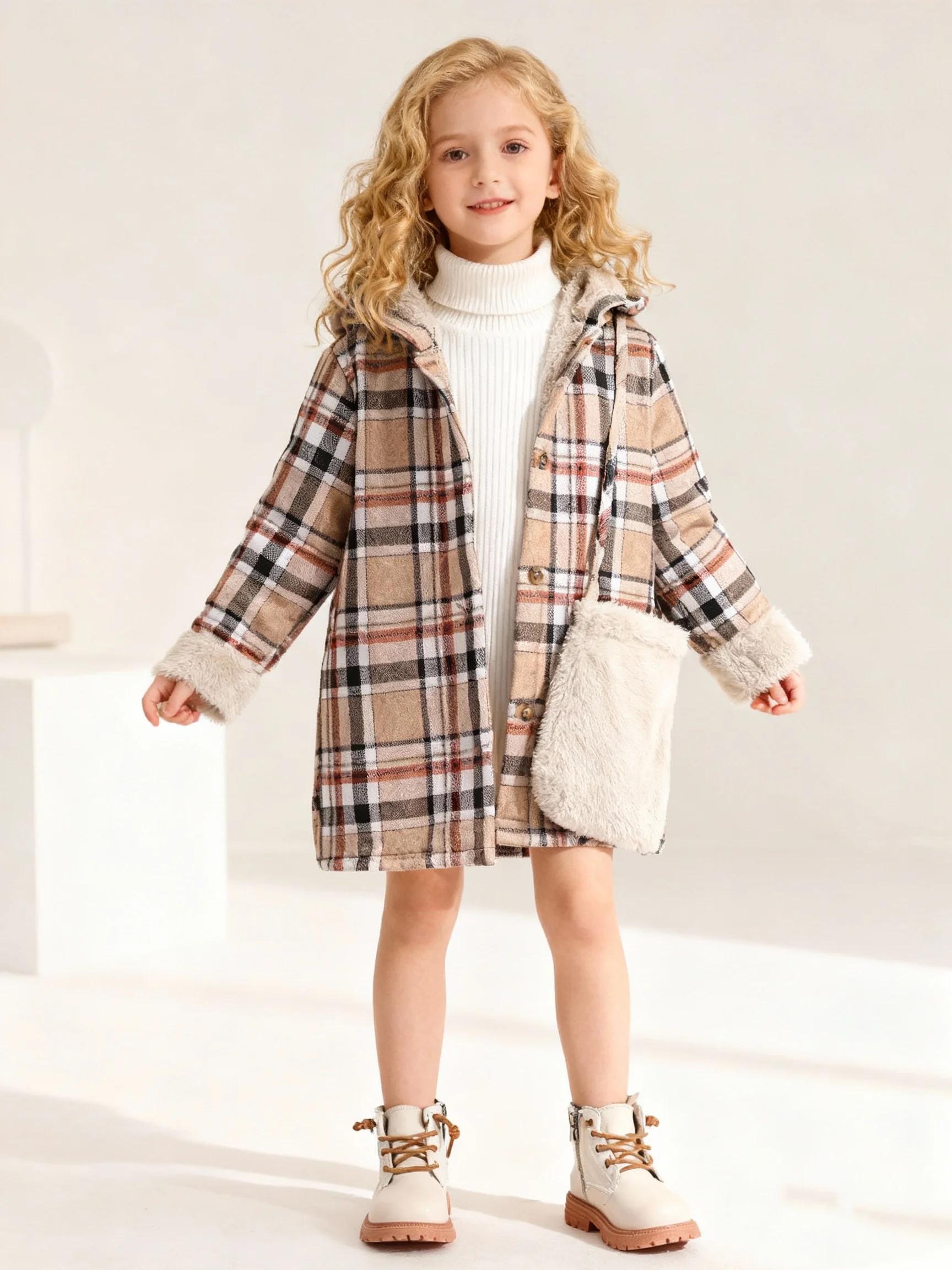 Herbst- und Winter-Mädchen-Langarmjacke aus kariertem und plüschigem, dickem, mittellangem Mantel mit Kapuze, tägliche Freizeitjacke