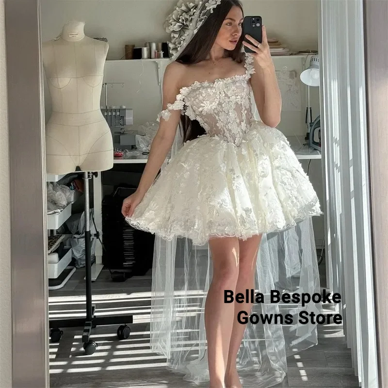 

Boho Flower Lace Mini Ball Gown Prom Dresses Flower Straps Evening Dress Customize Short Wedding Dress Vestidos De Fiesta