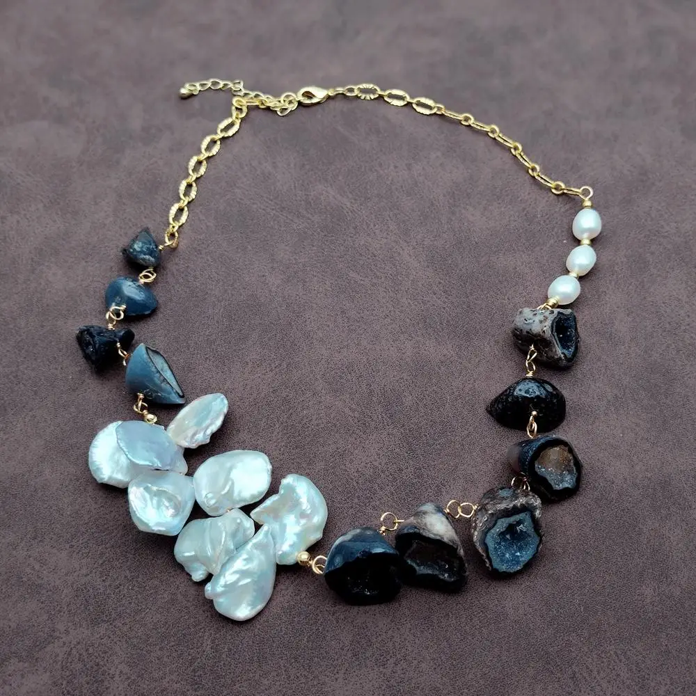

YYGEM 15x18mm Black Agate Geodes Quartz Cultured White Keshi Pearl Necklace