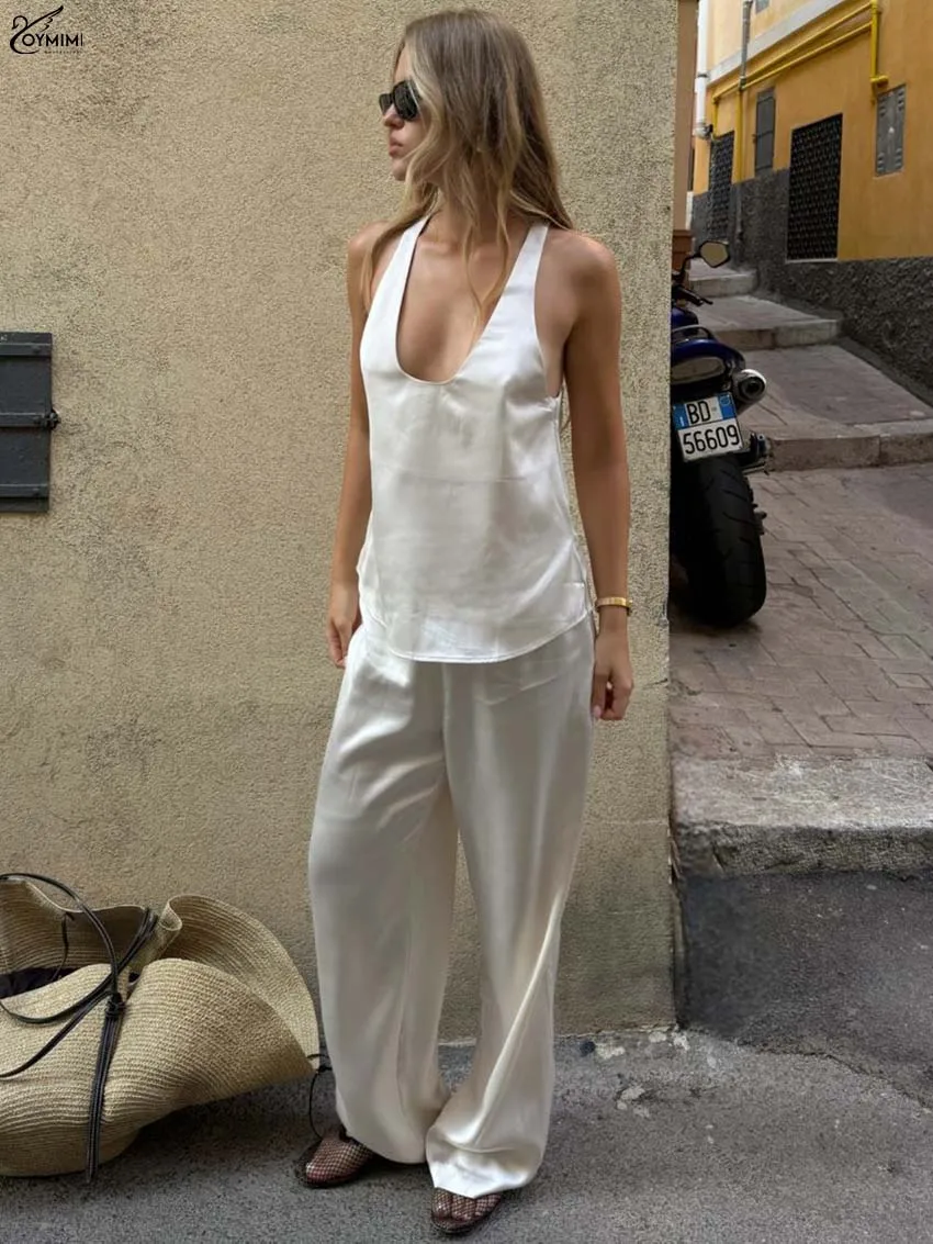 Oymimi エレガントなホワイトサテン女性 2 ピース衣装セットファッション O ネックノースリーブシンプルなブラウスとシンプルなストレートパンツセット