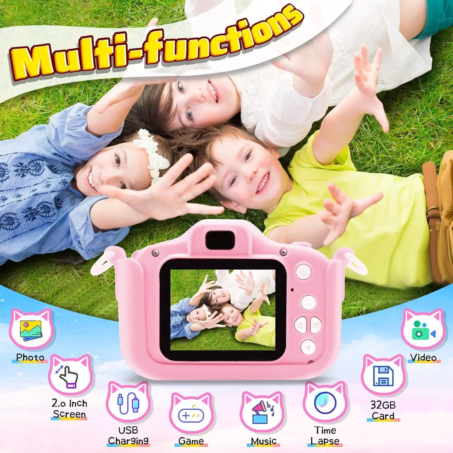 Kids Camera, Kids Selfie Camera Toy with 32GB SD Card, Finger Toys and Cute Gift Box, Great Christmas  Gift Kids Camera