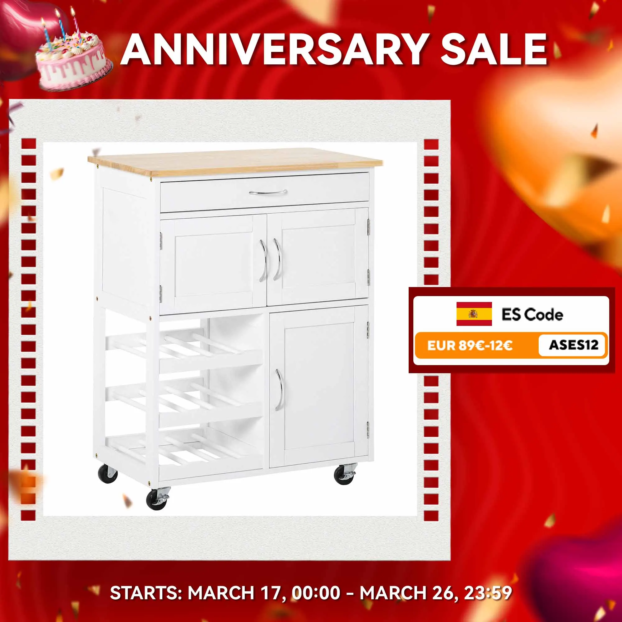 Carrello da cucina HOMCOM con ruote con cassetto 2 armadi 3 ripiani 67x37x87 cm