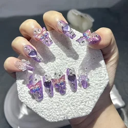 10 Pieces Purple Fantasy Butterfly Fake Nails Heart Diamond Sparkling Nail Art Patch Y2K Spice Girls Handmade Wearable Nails