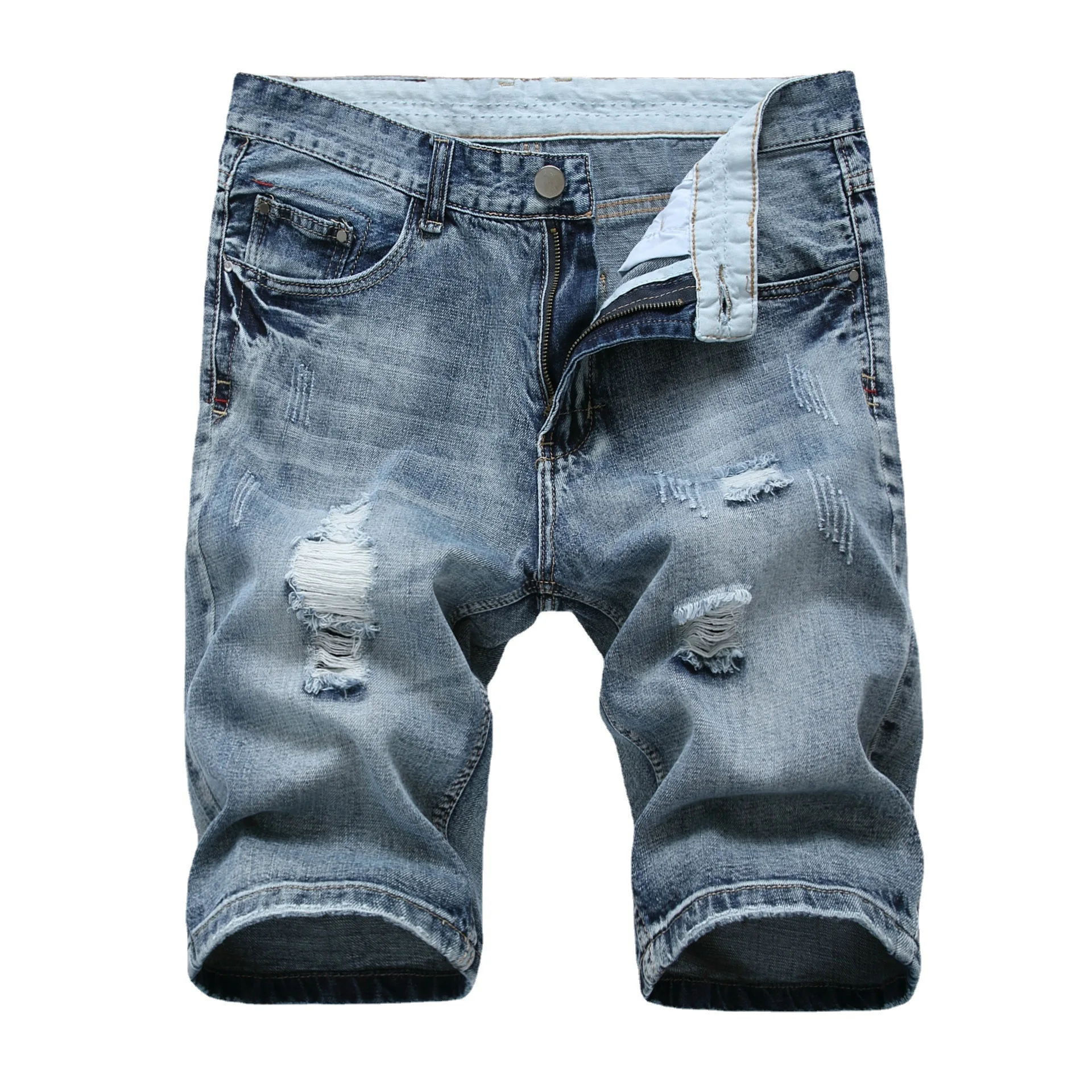 Heren Buitenlandse Handel Denim Shorts Zomer Katoen Gescheurde Lichte Kleur Heren Mid Broek Slim Fit Shorts