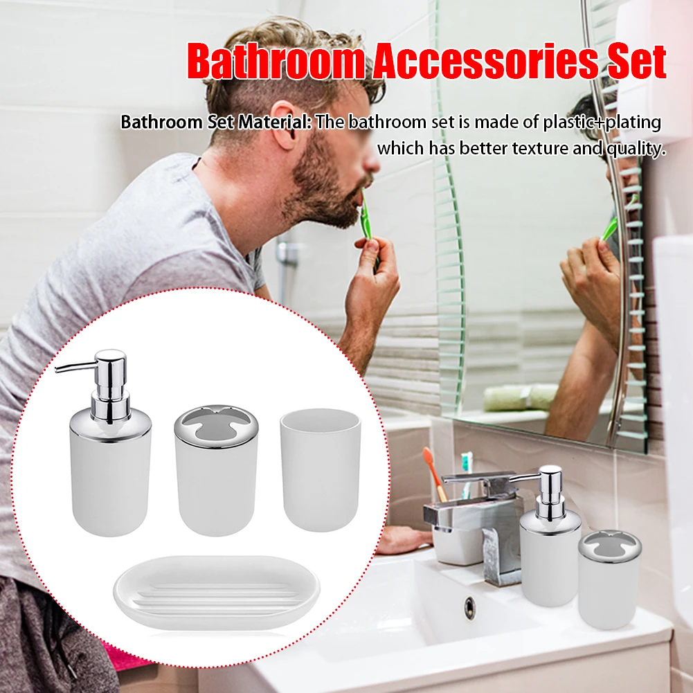 4pcs Bathroom Toothbrush Holder Soap Dish Tumbler Mouthwash Cup Liquid Press Bottle Set Home Bathroom Wash Supplies Accessories