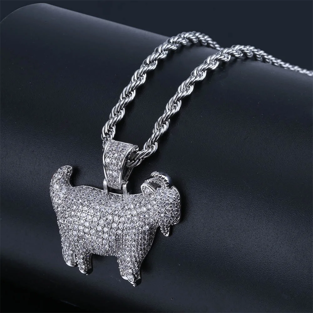 Fashion HipHop Animal Goat Pendant Necklace For Men Cuban Chain Iced Out Bling Micro Paved CZ Necklaces Punk Rock Biker Jewelry