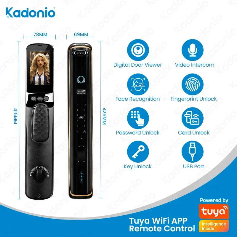 Kadonio Tuya APP WiFi Outdoor 3D Face Recognition Deadbolt Smart Door Lock With Camera Fingerprint Door Bell