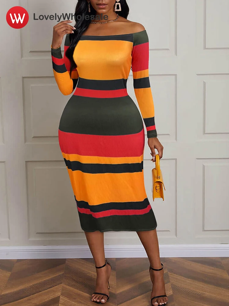 

LW Women's Striped Long Sleeve Knitted Dress 2025 Spring New Sexy Midi Dresses Female Elegant Off Shoulder Bodycon Dress Women