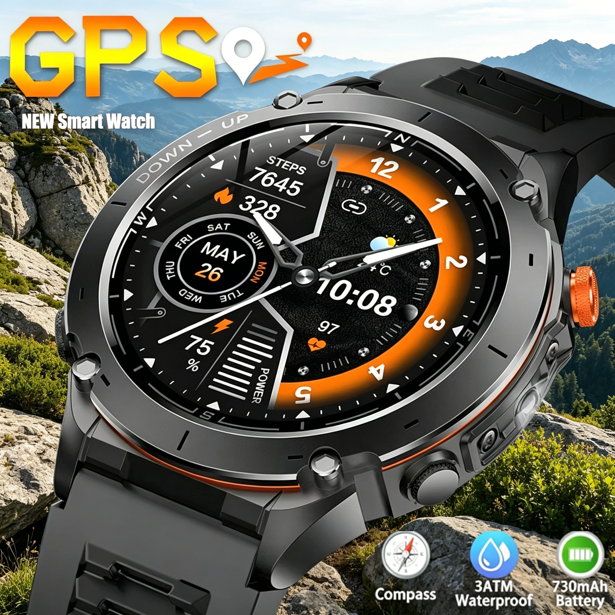 

2026 Upgraded New Outdoors Sports Military GPS Smart Watch 10ATM Waterproof 730mAh High Battery Compass NFC HD BT Call Men Watch