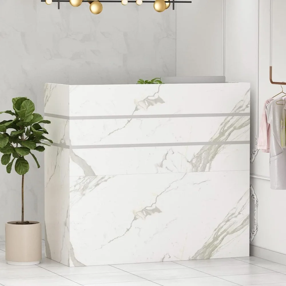 

FUFU&GAGA Reception Desk with Counter, 3 Drawers & Storage Shelves, Reception Counter Table with Private Panels, for Salon Recep
