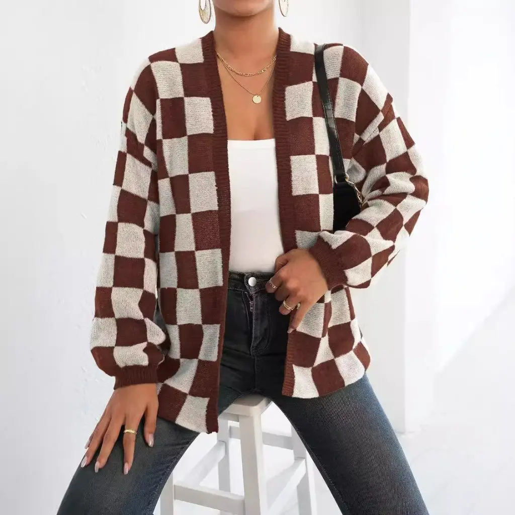 

Women's Woolen Cardigan Casual Loose Sweater Jacket European American Style Contrasting Color Stitching Checkerboard M682
