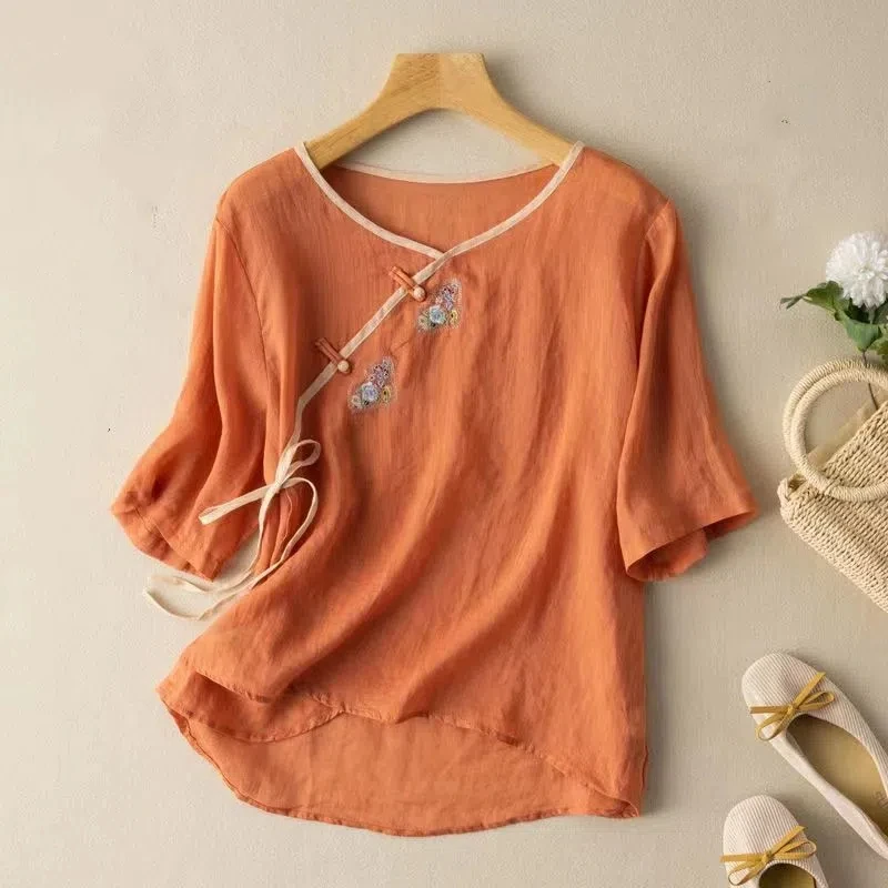 2024 Women\'s Summer New Retro Fold Crew Neck Button DrawstriLoose Cotton Hemp Blouses Short Sleeve Embroidered Solid Color Shirt