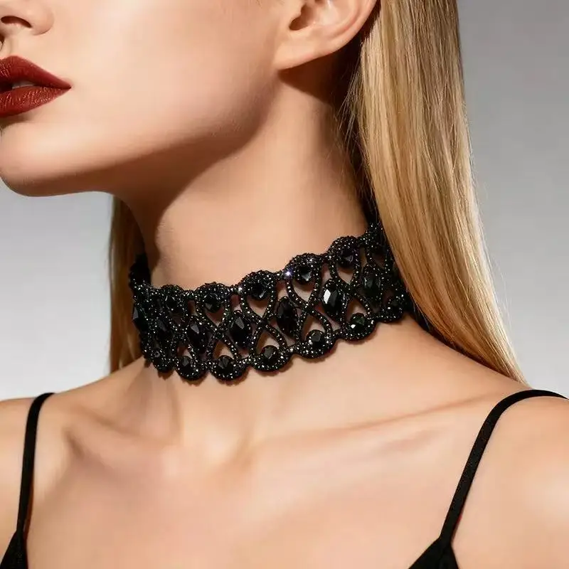 Fashionable shiny rhinestone black crystal neck necklace, neckband rhinestone necklace, necklace, Choker collarbone chain