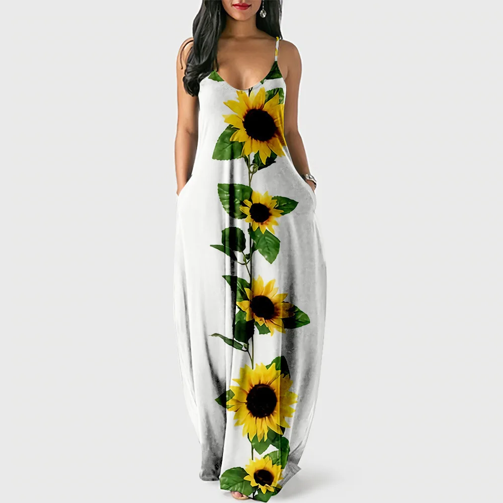 

Hip Hop Trendy Comfortable Summer Women Dresses sunflower 3D Print Sexy loose Slip Pocket Dress Party Dress Long Robe