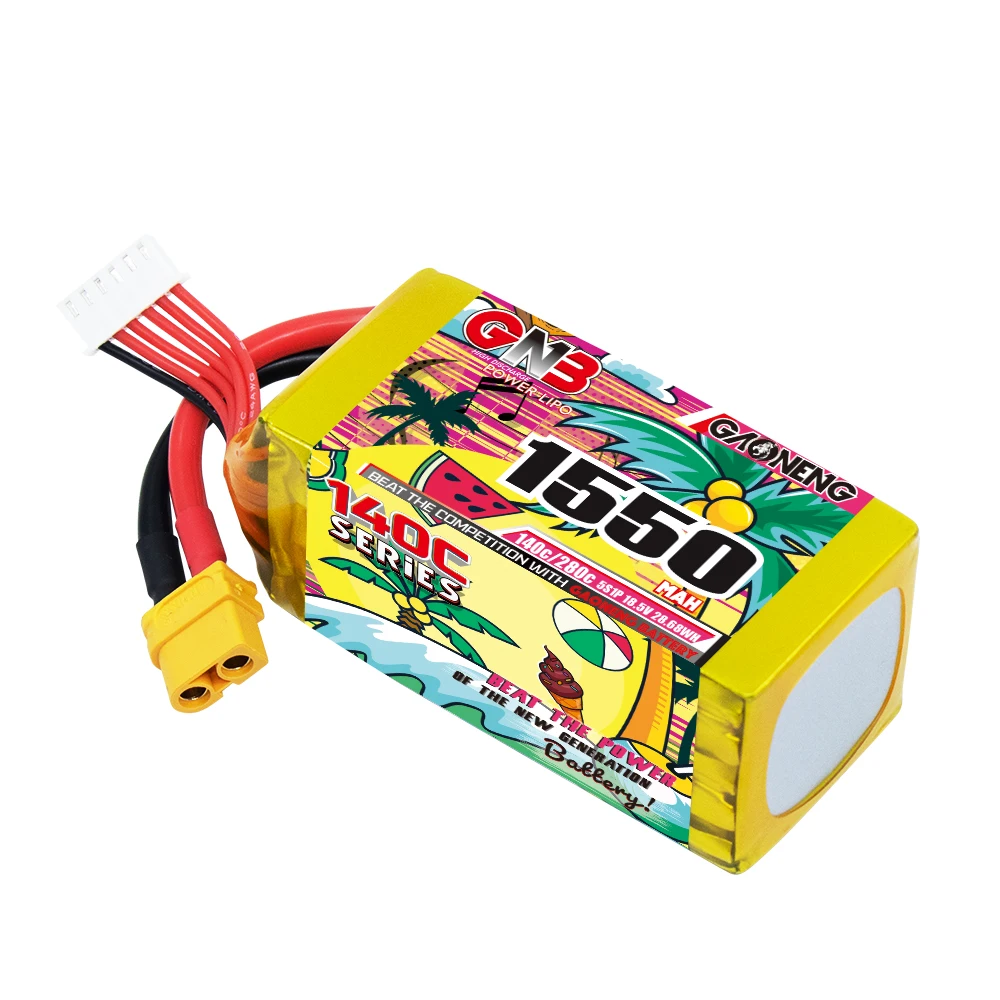 Batería de litio GAONENG GNB 5S 18.5V 1550mAh 140C con conector XT60, adecuada para drones FPV y cuadricópteros.