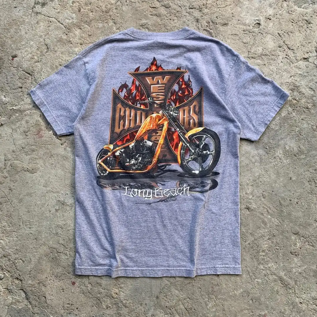 25 موضة جديدة للدراجات النارية القطن ملابس الشارع المروحيات المد العلامة التجارية طباعة قصيرة الأكمام الرجعية HighStreet الملابس Casaul فضفاض المحملة