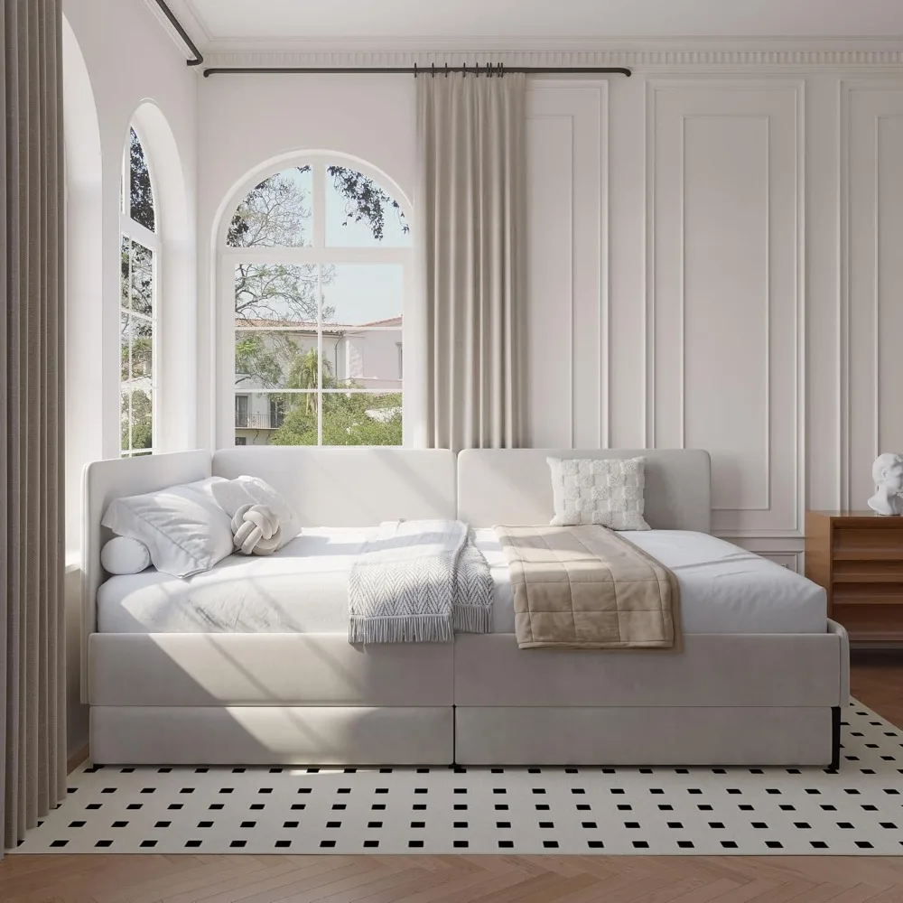 إطار سرير زاوية كامل الحجم على شكل حرف L مع درجين للتخزين، سرير نهاري منجد مخملي مع لوح رأسي ناعم لزجاج غرفة النوم #6