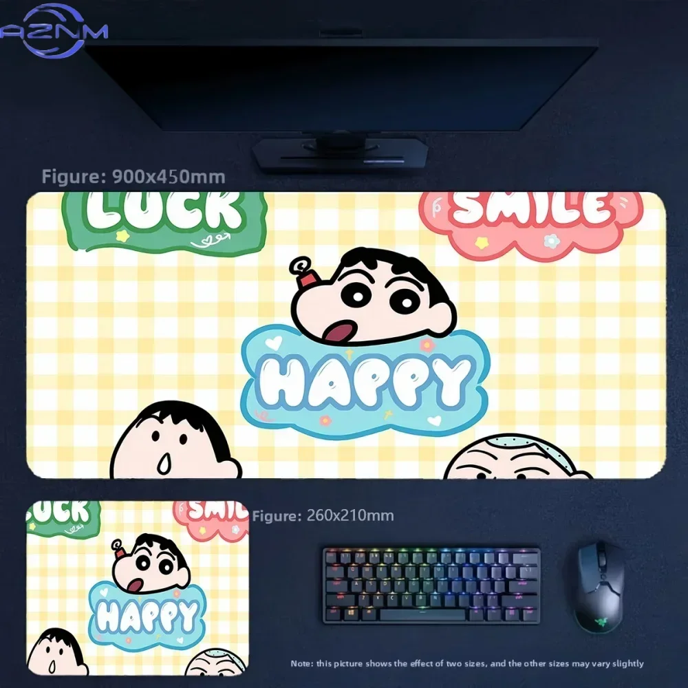 Anime Crayon Shin-chan Happy Yellow Plaid Large Mousepad Rubber Non-Slip Gaming Desk Mat Keyboard Pad for Home Office Decor