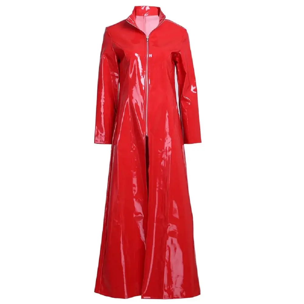 Women Bright Mirror Patent Leather Trench Coat Zipper Slit Wet Look Long Jacket Pvc Faux Pu Windbreaker Outwear Red Overcoat