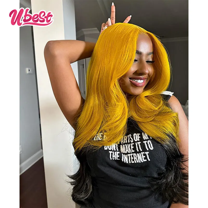 13x6 Yellow With 1b Color Body Wave Lace Front Human Hair Wig 180% Density Brazilian Transparen Lace Frontal Wig For Women