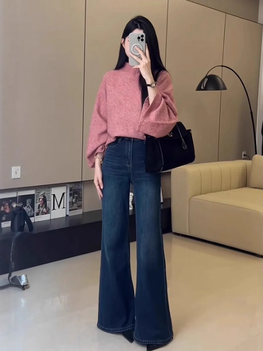 ピンクのゆったりとしたハイネックニットウェア、秋冬用、バットウィングスリーブ、カジュアルなロングスリーブトップ、女性用、ゆったりとした小さめサイズ