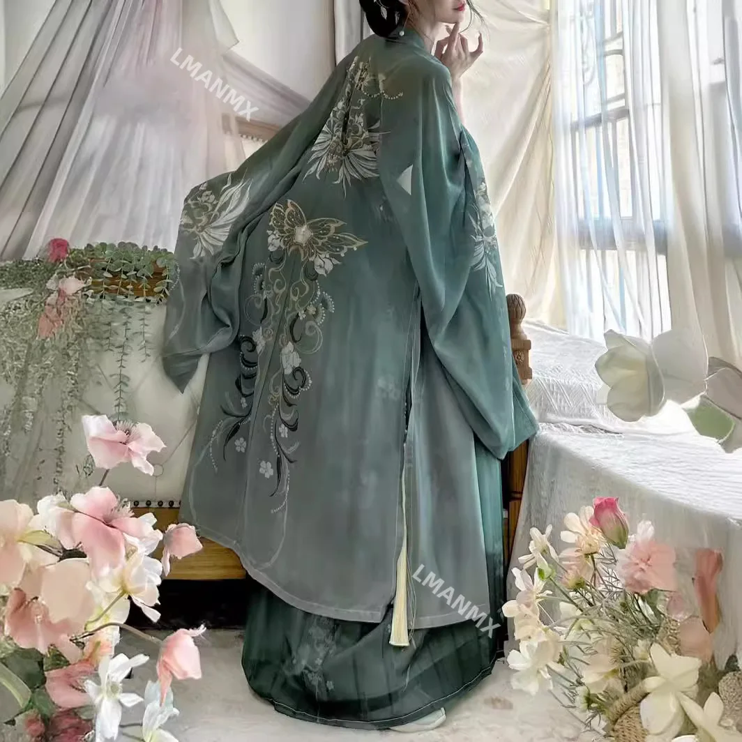 Hanfu Dress Women Chinese Traditional Vintage Hanfu Female Halloween Cosplay Costume Printed Hanfu Green 3pcs Sets Plus Size XL