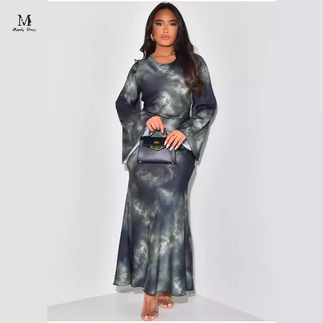 Elegant Women Print Maxi Dress Long Sleeve Loose O-neck Bandage Satin Clothing Fashion Lady Casual Dresses 2024