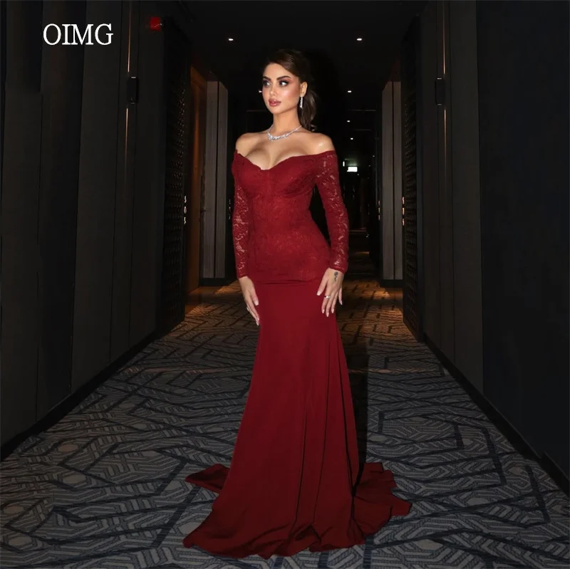 

OIMG Regal Red Off The Shoulder Mermaid Formal Prom Gowns Lace Backless Evening Dress Floor Length Party Dresses Customized
