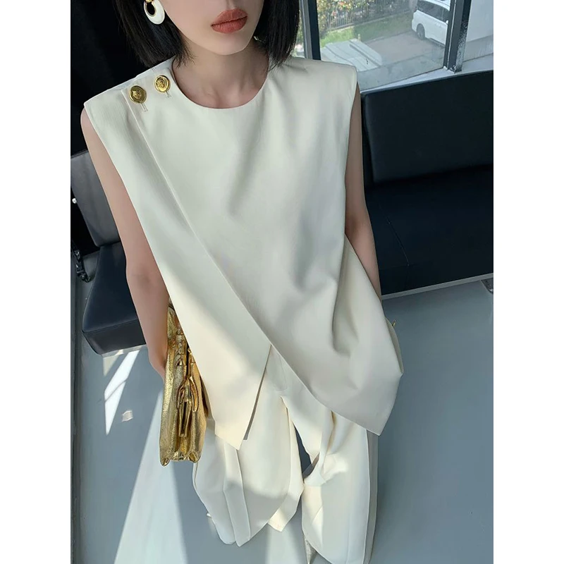 Deconstructed Sleeveless Vest Suit Set Women Summer Elegant Asymmetric Vest Wrinkle Resistant Avant Garde Office 2Piece Set