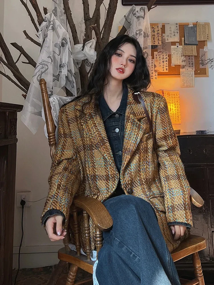 سترات نسائية كلاسيكية منقوشة للخريف ملابس خروج فضفاضة غير رسمية سترة Y2K كورية أنيقة للمكتب معاطف بدلة جديدة