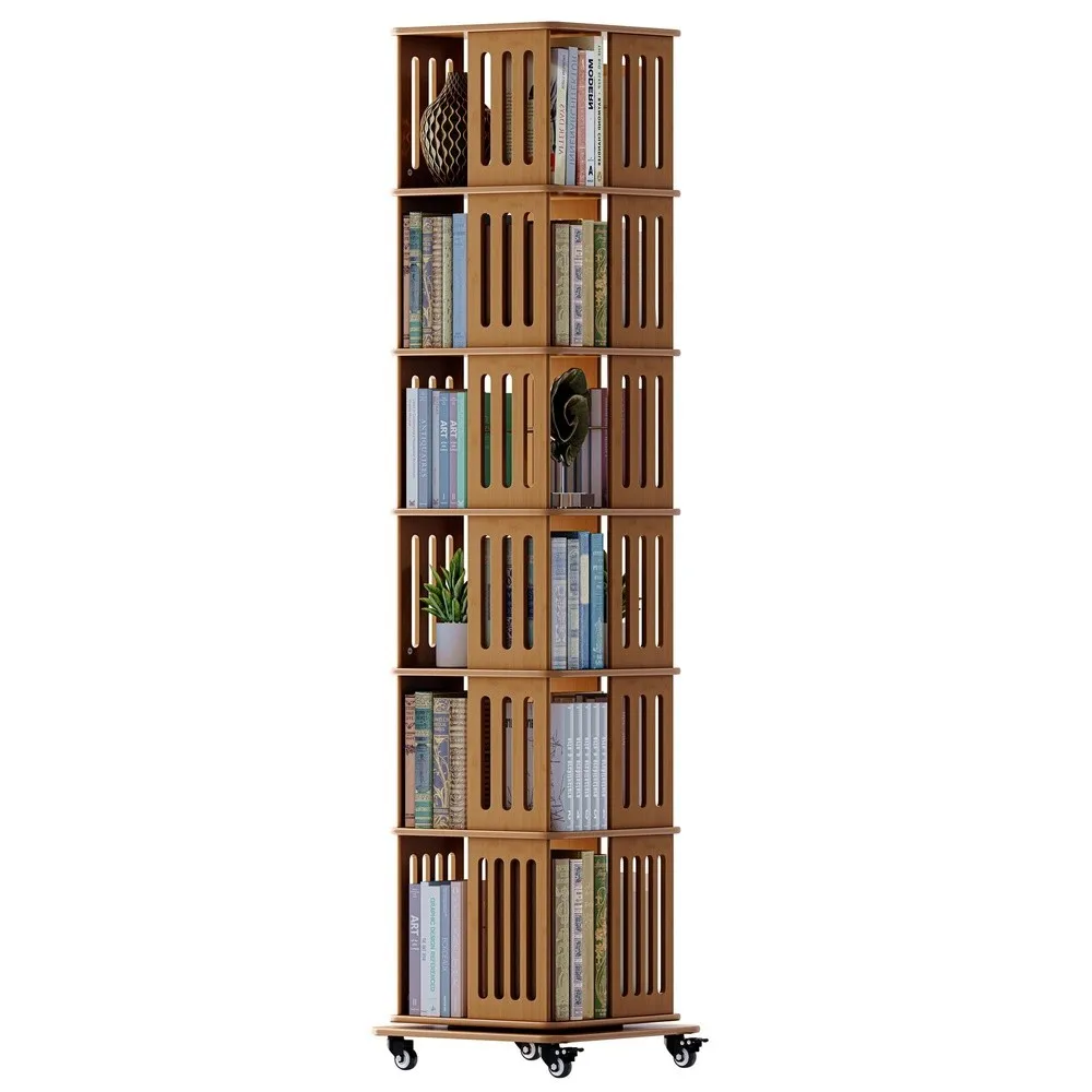 Rotating Bookshelf with Wheels 6 Tier Spinning Bookshelf Tower Solid Wood Revolving Bookcase with Storage for Small