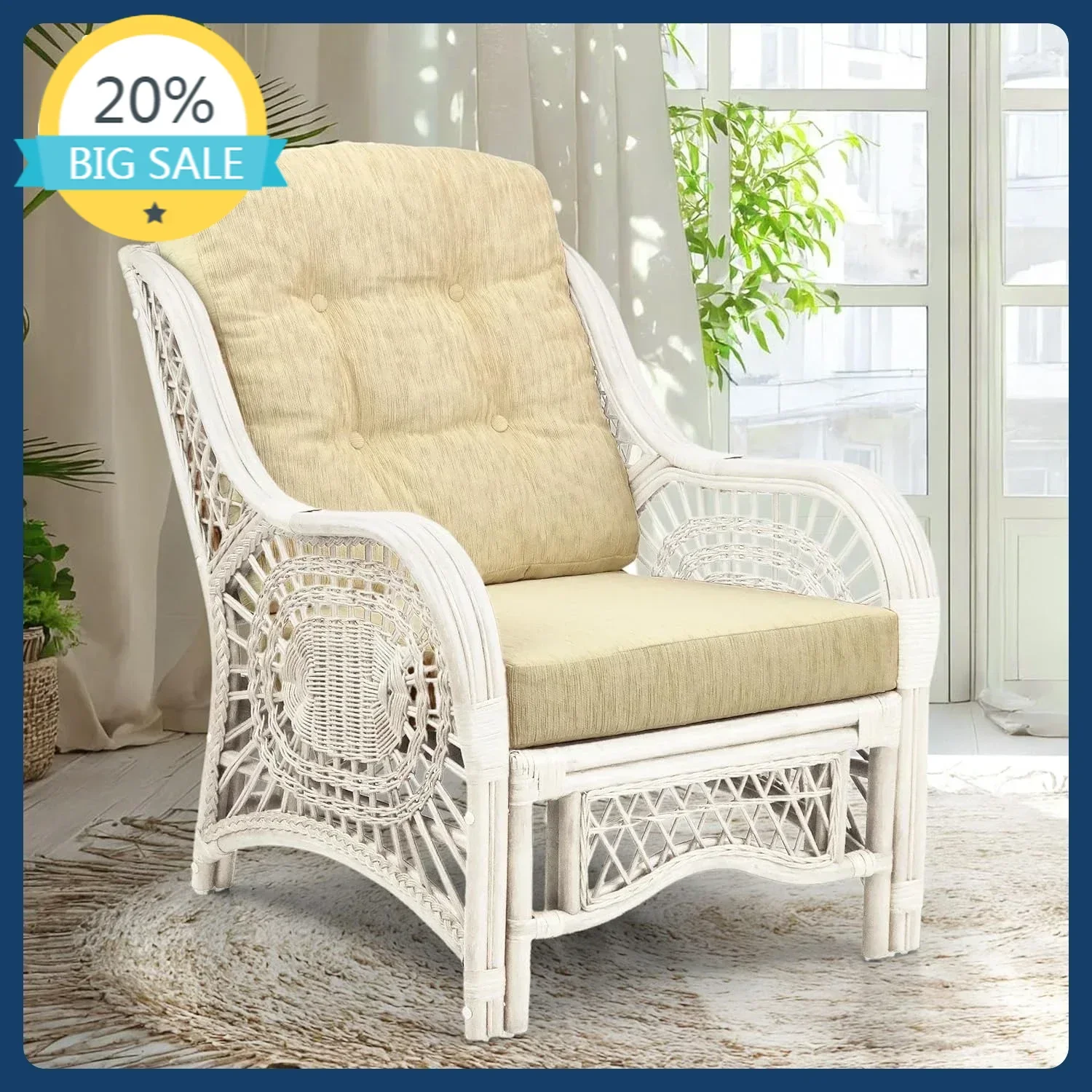 

Бестселлер! Горячая распродажа! Кресло Malibu Lounge Living Accent из натурального ротанга ручной работы, белое с кремовой подушкой