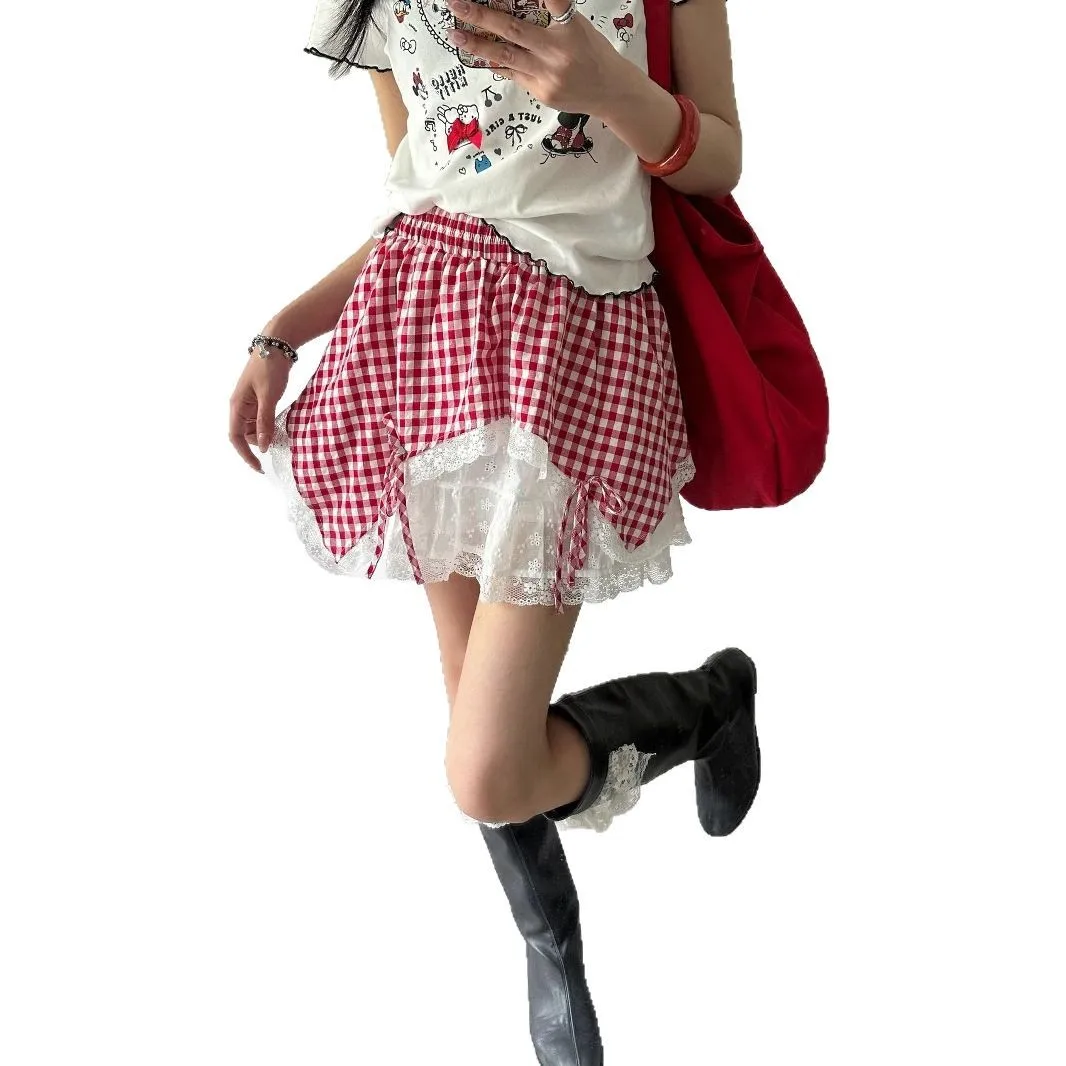 Summer Girl's Design Sense, geruite patchwork kanten onregelmatige rok, korte rok