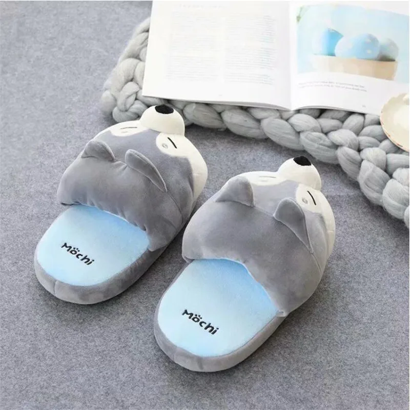 Cute Shiba Inu Cute Husky Cartoon Cotton Slippers Female Autumn And Winter Household Warm Indoor Non-Slip Shoes Couple Slides