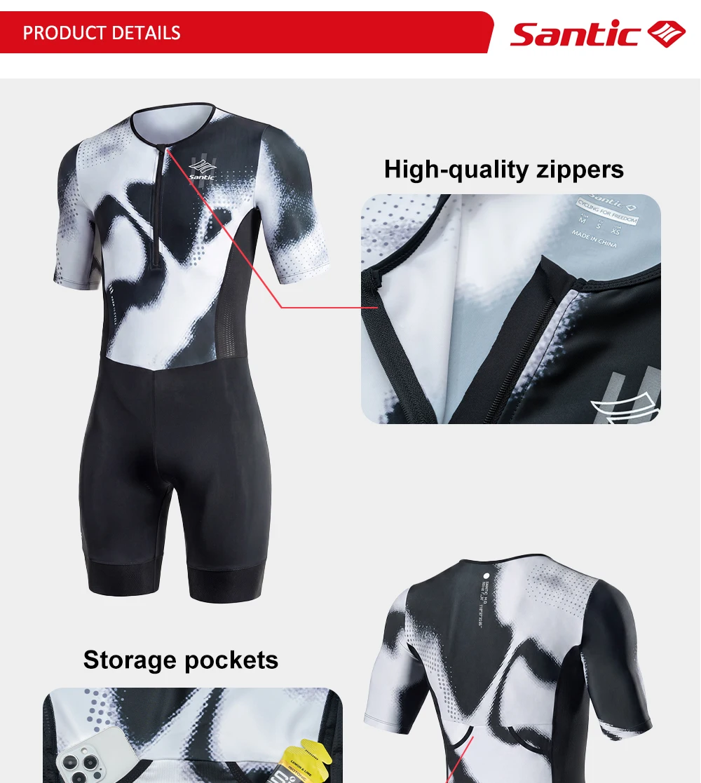 Santic Herren-Triathlon-Skinsuit mit kurzen Ärmeln, atmungsaktiver, elastischer Radsport-Overall mit 80 kg hochdichtem Polsterpolster KM26C03030 – Detail 5