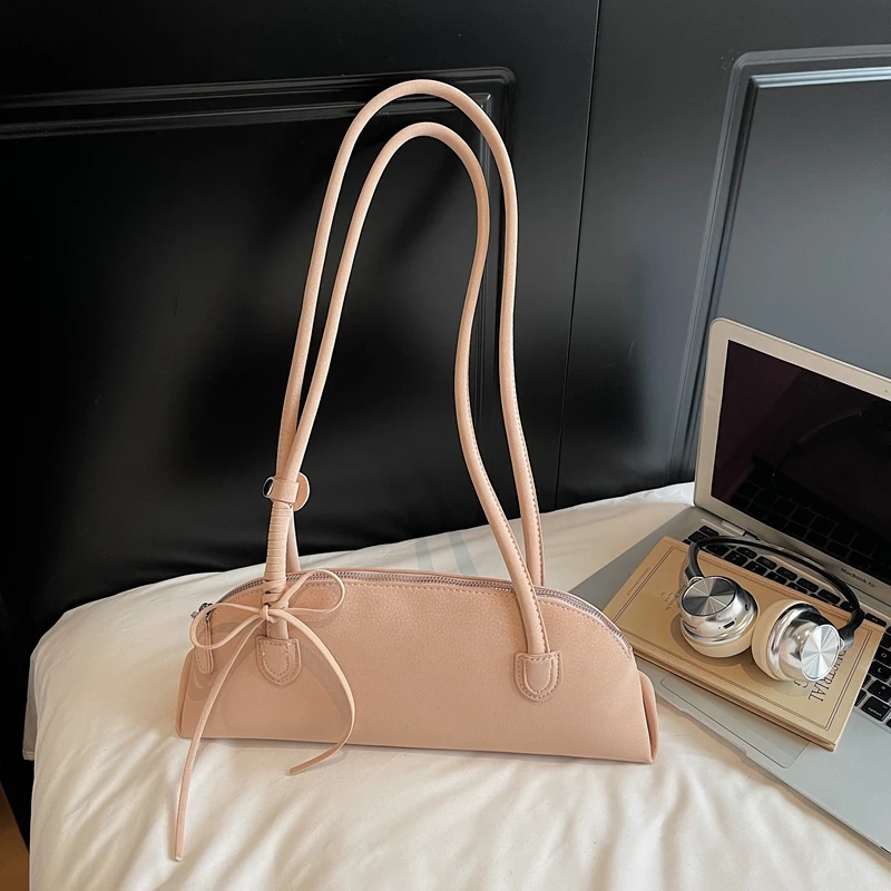 

French Simple Pink Underarm Bag for Women Autumn New Texture PU Party Handbags Sweet Girls Bow One Shoulder Bags Trend