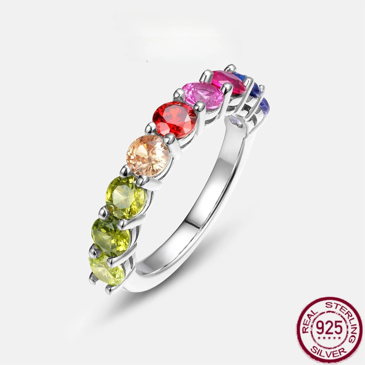

New S925 pure silver round rainbow diamond set colored zircon ring, light luxury and fashionable wedding jewelry