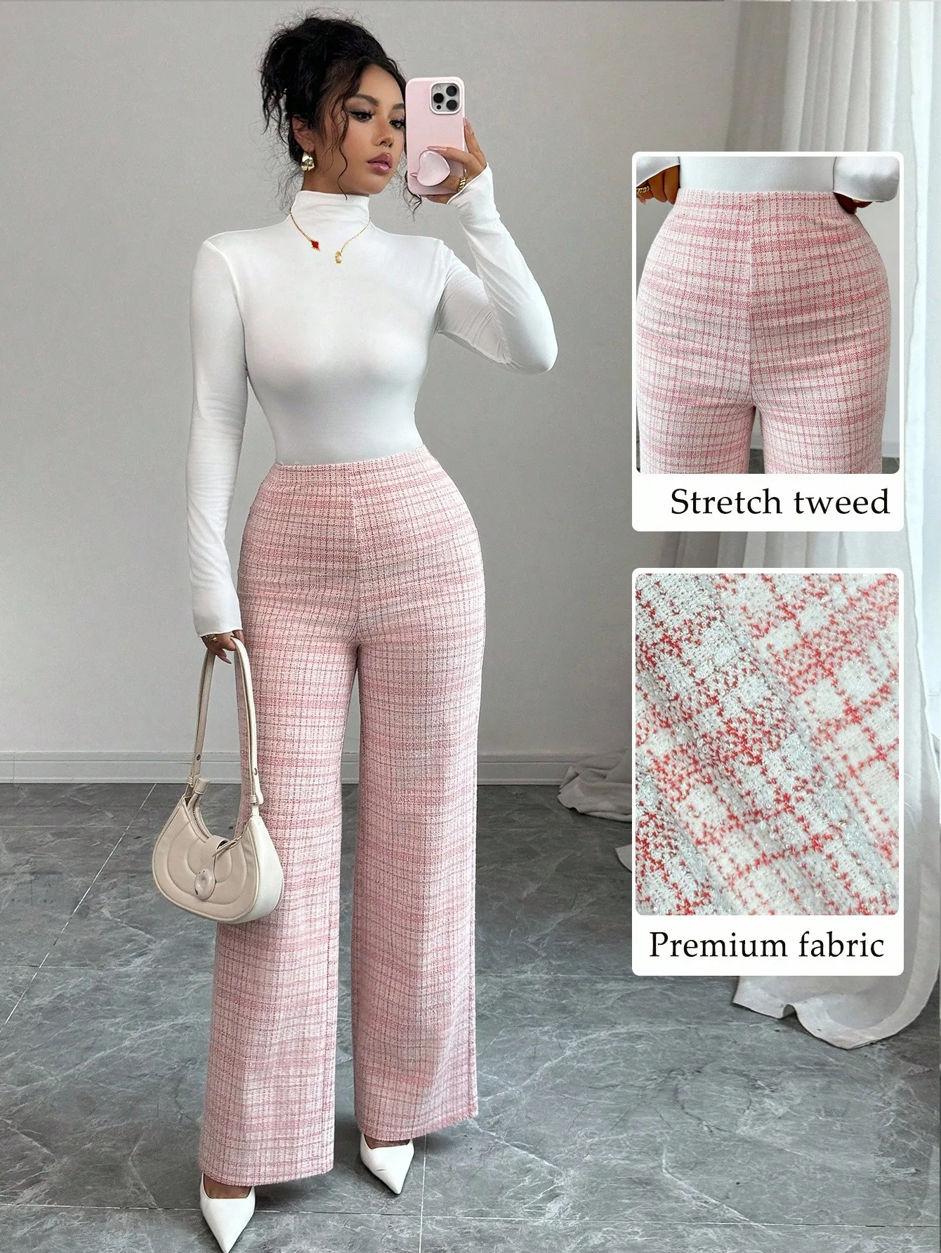 Calças de pernas largas de cintura alta de tweed elástico xadrez rosa para mulheres, roupas casuais de escritório de outono