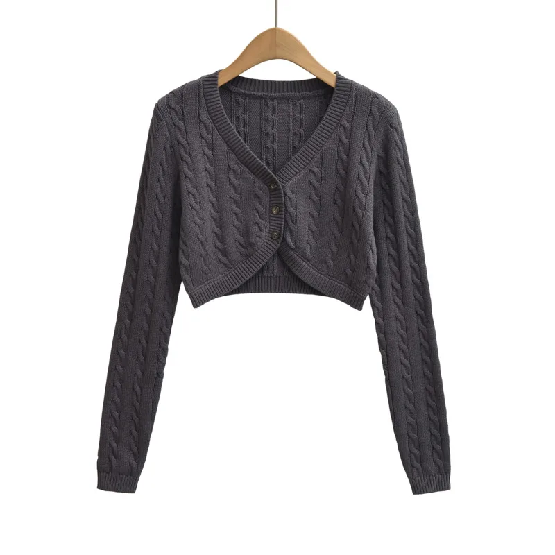 

Casual Style Slim Fit V-Neck Button Cable Knit Three-Button Cropped Long Sleeve Knitted Cardigan Jacket Solid Color Fashion JKHH