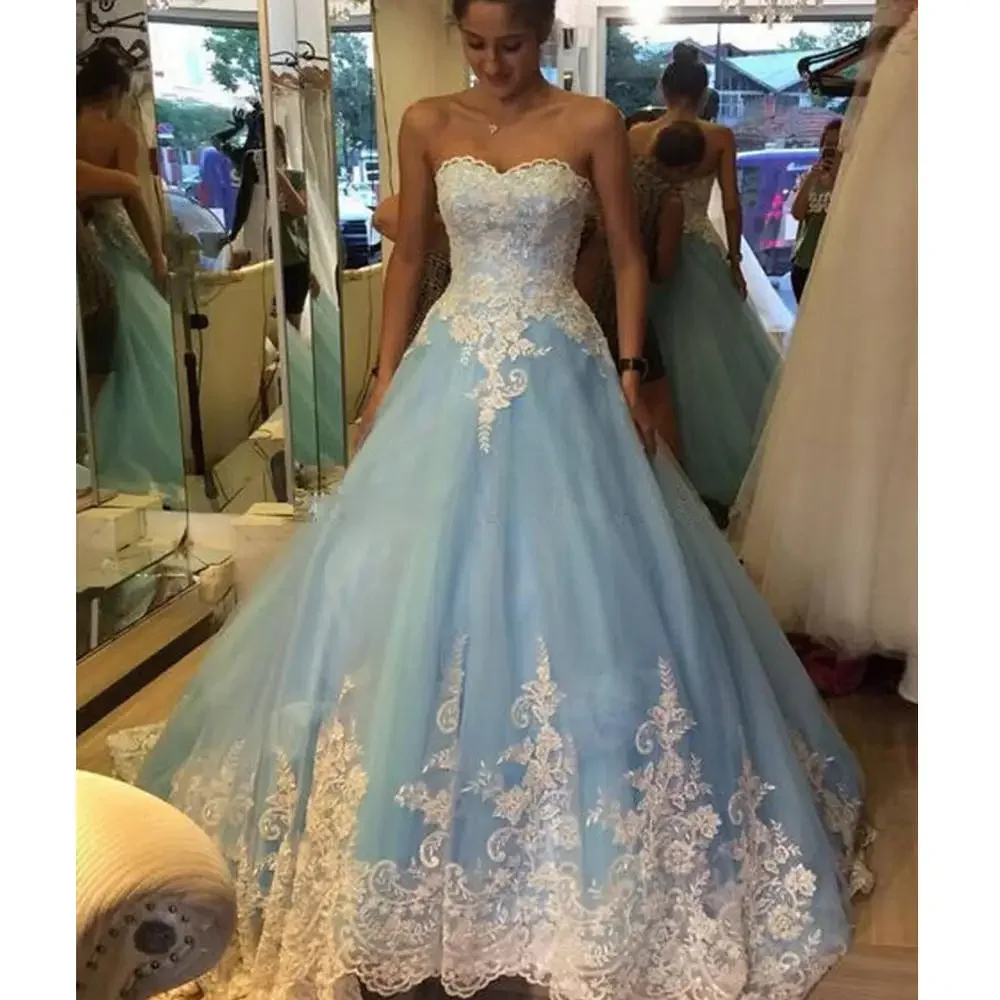 

Customized Charming White Lace Appliques Ballgown Wedding Dresses Vestido De Novia Sweep Train Corset Back Blue Bridal Gowns