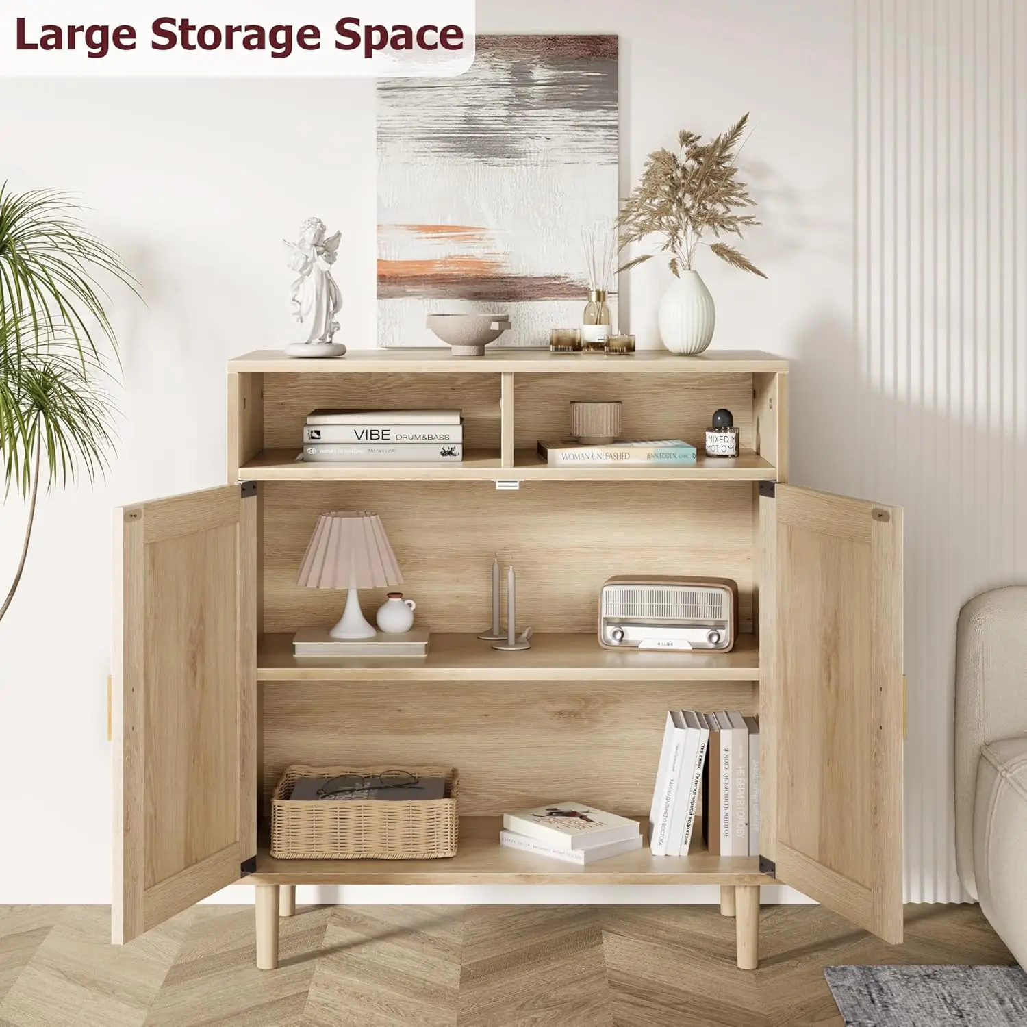 Rattan Sideboard Buffet Cabinet with 2 Doors & 2 Shelves Kitchen Sideboard Cabinet with Large Storage Space Accent Console Table