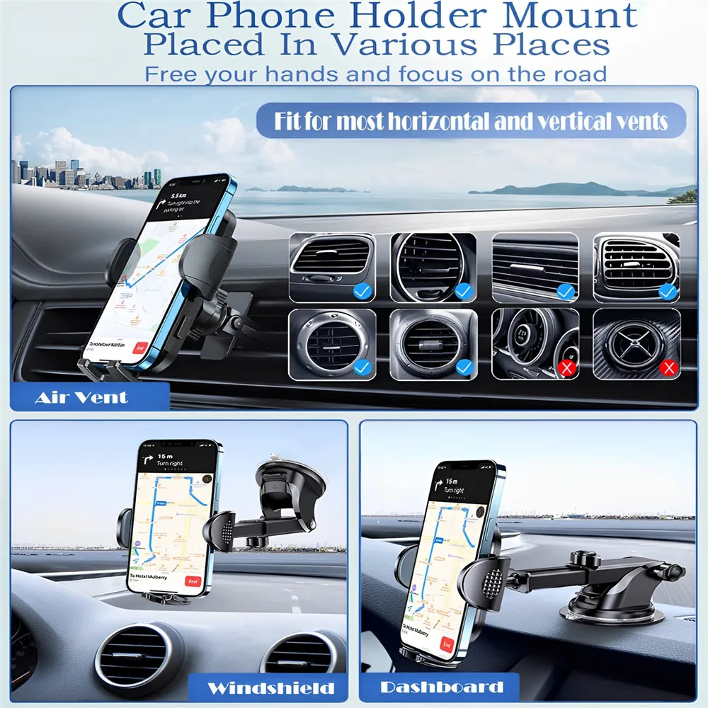 Ultra-Durable Cell Phone Holder for Car Universal Car Phone Holder Mount Dashboard Windshield Vent for iPhone for Samsung