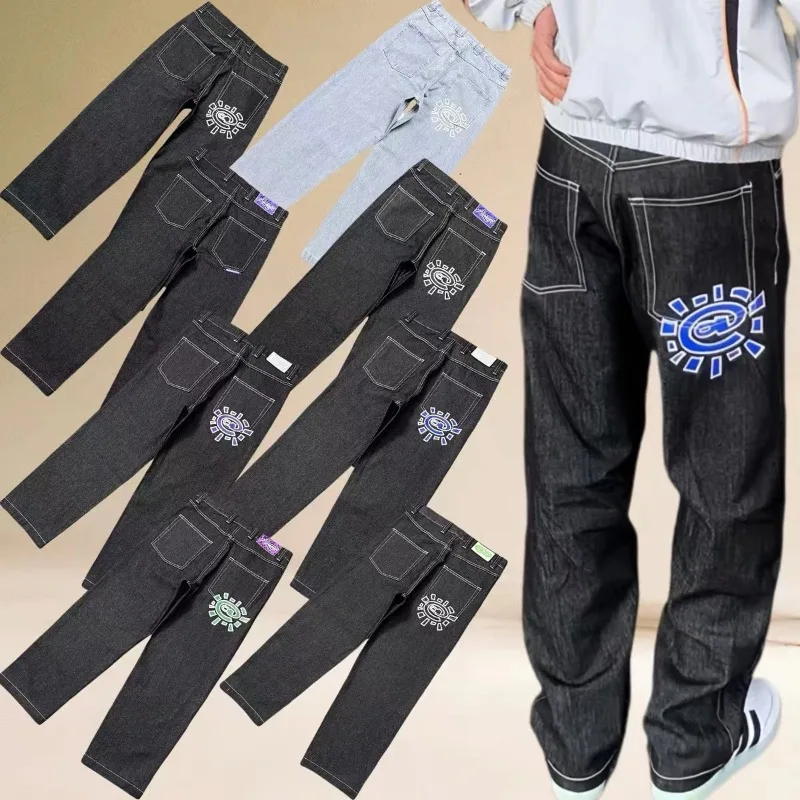 Blue Sunroll Print ADWYSD Jeans Black Casual Trousers Street Zipper Opening Stitch Label Men Women Denim Pants