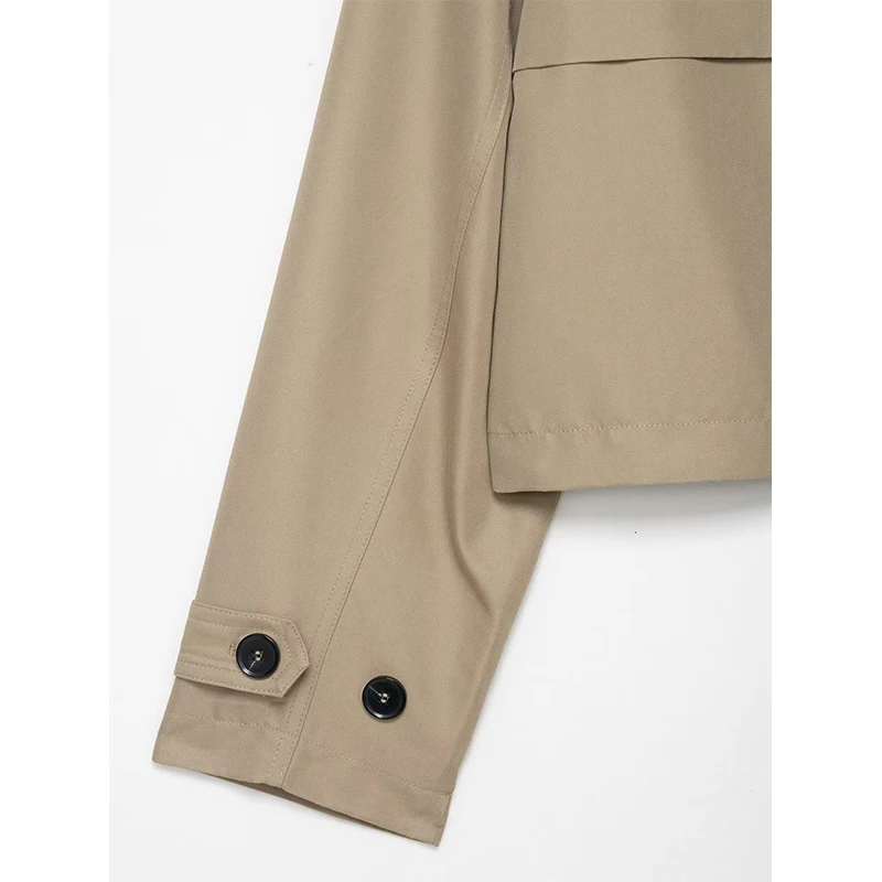 Damski płaszcz trencz dwurzędowy, krótki, z kołnierzykiem, długi rękaw, płaszcze w stylu vintage, elegancka odzież wierzchnia, szykowne topy.