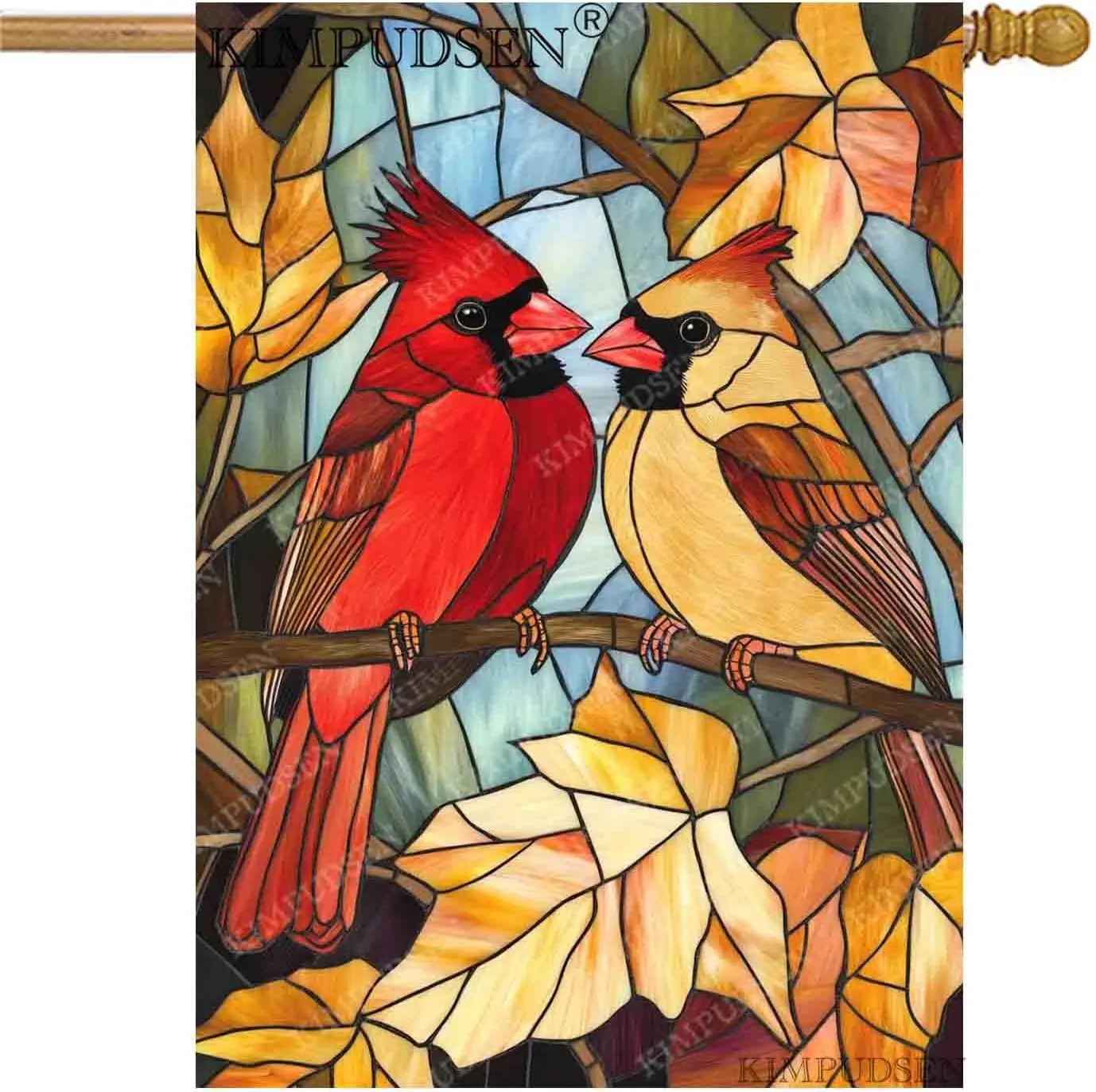 Stained Glass Cardinal Birds Garden Flag 28x40 Inch Double Sided, Large Burlap Fall Leaves House Flag Autumn Yard Flags for  SSL
