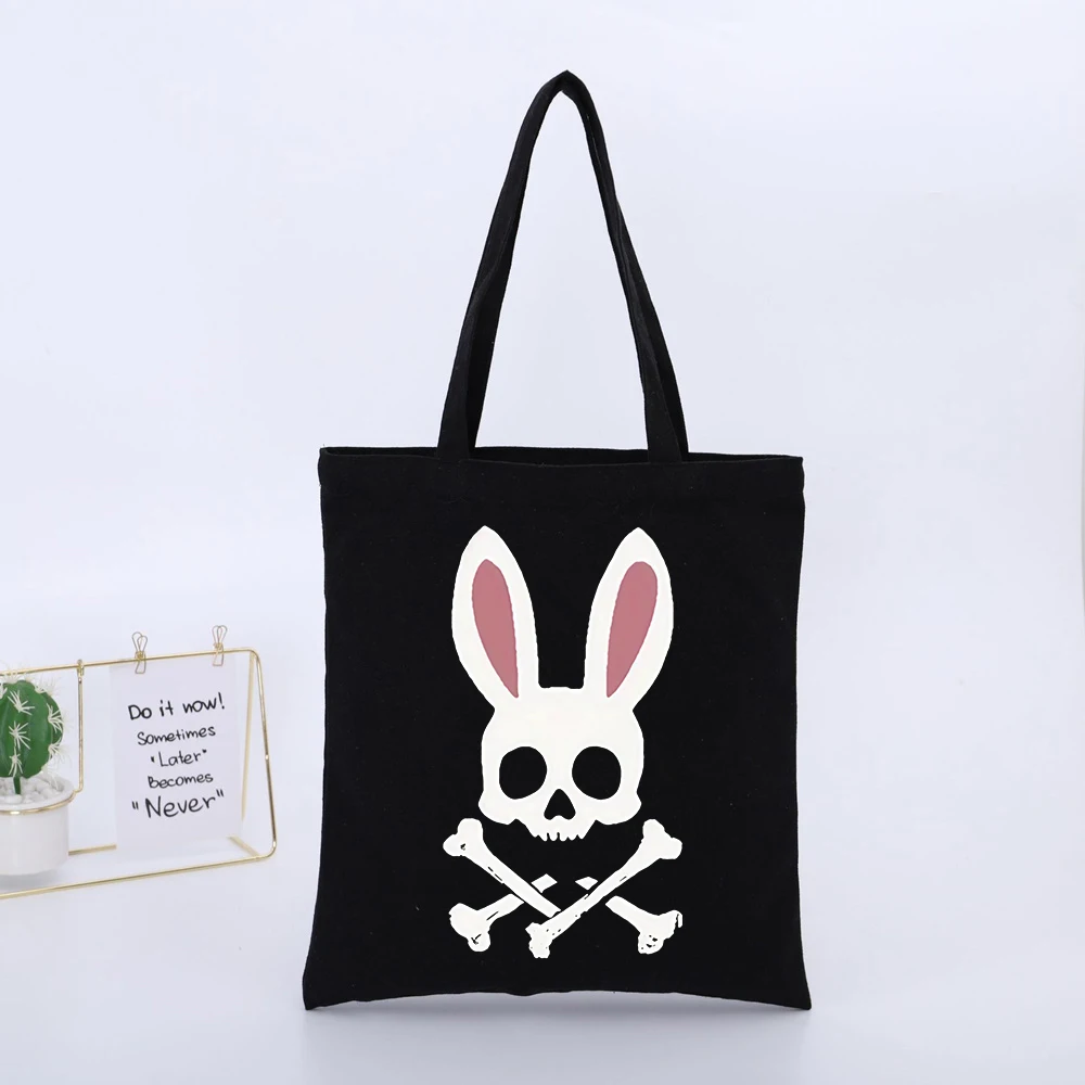 Men's Skull with Bunny Ears and Crossbones Graphic Canvas Tote Bag, Streetwear Style for Daily Shopping