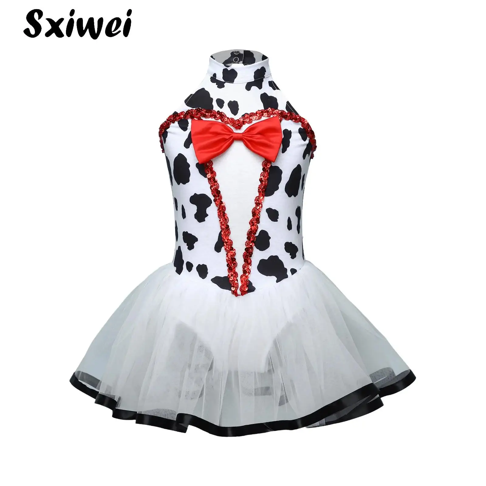 Girls Halloween Animal Cosplay Dalmatian Costume Sleeveless Sequin Bowknot Mesh Puffy Leotard Dress Black Spotted Tutu Dresses