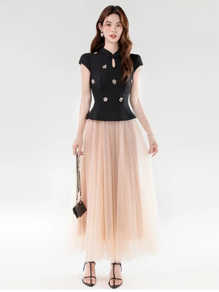 

SMTHMA 2025 летний новый китайский светский темпераментный утягивающий трехмерный топ с цветочным принтом, комплект из двух предметов + сетчатая длинная юбка, наряды